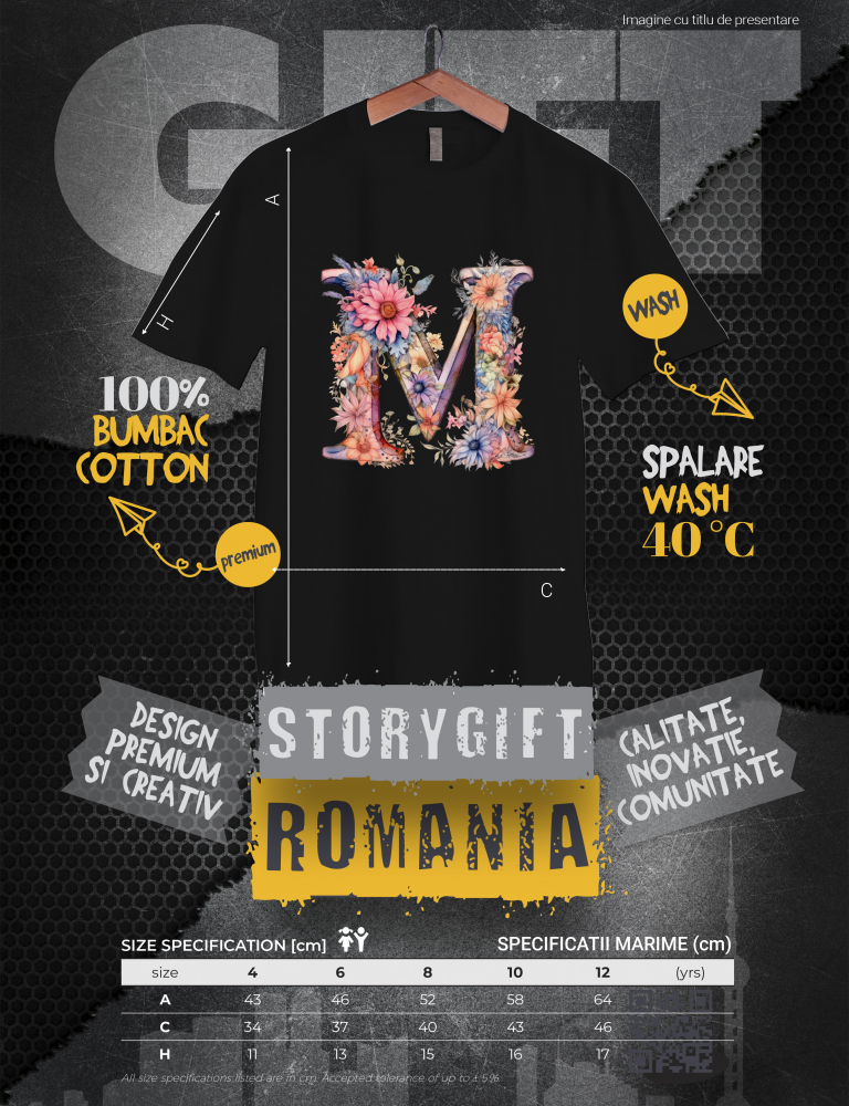 Tricou Copii cu litera "M", ilustratie, pentru copii, scoala, elev, flori, abecedar, alfabet, invata  100% Bumbac, Unisex, Negru, 10 Ani, 58CM [3]