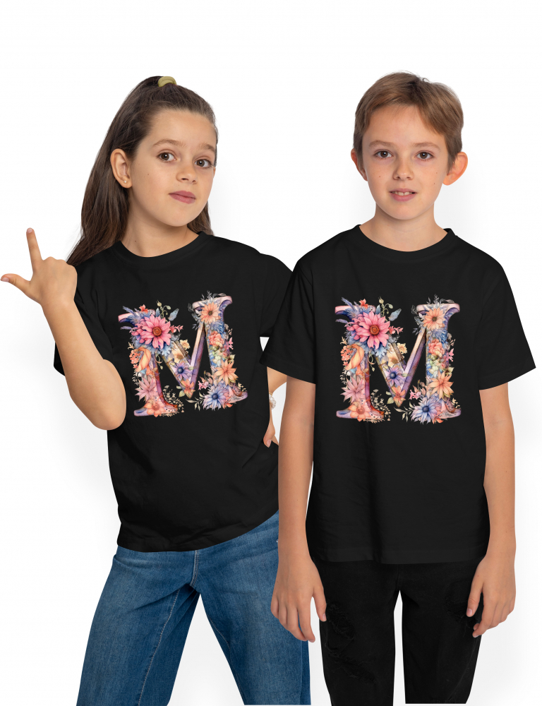 Tricou Copii cu litera "M", ilustratie, pentru copii, scoala, elev, flori, abecedar, alfabet, invata  100% Bumbac, Unisex, Negru, 10 Ani, 58CM [1]