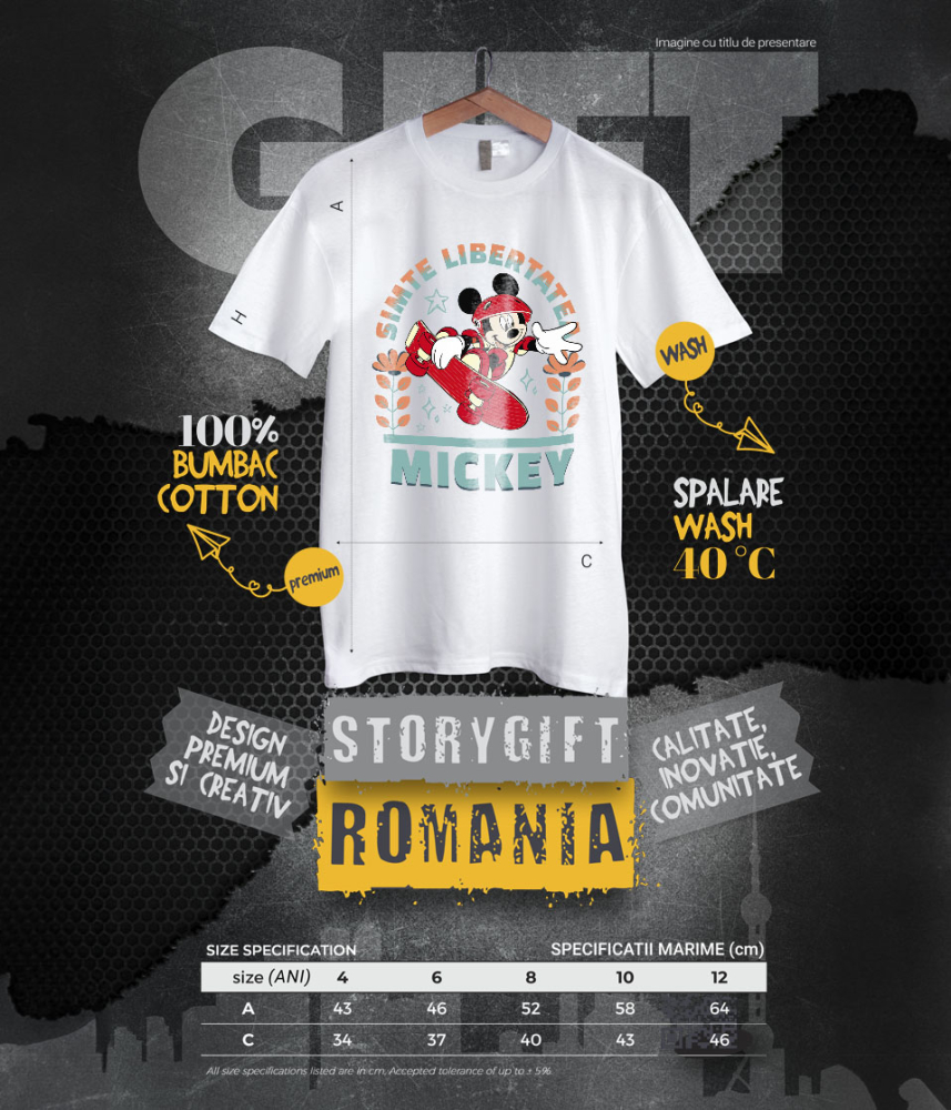 Tricou Copii cu Mickey face trick-uri cu skateboard-ul 100% Bumbac, Alb, 12 Ani [6]