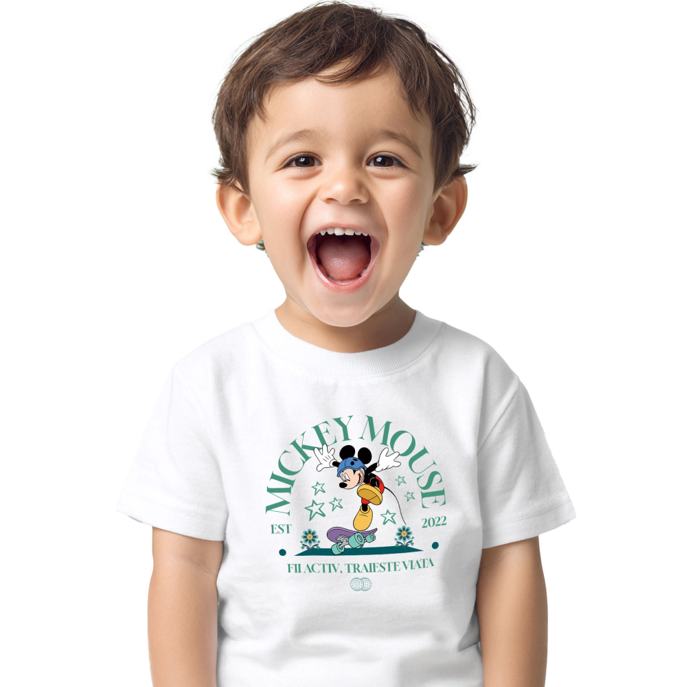 Tricou Copii cu Mickey in Miscarе pe Skateboard 100% Bumbac, Alb, 8 Ani [2]