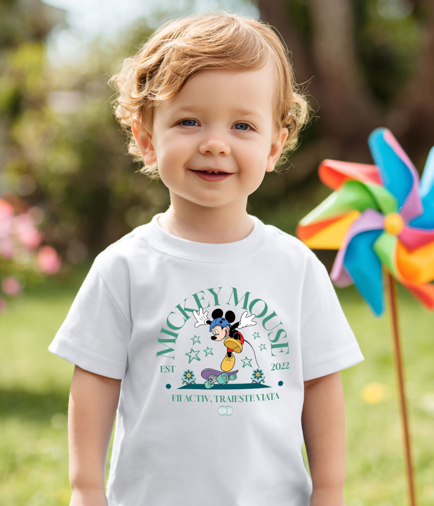 Tricou Copii cu Mickey in Miscarе pe Skateboard 100% Bumbac, Alb, 8 Ani [4]