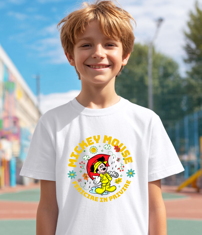 Tricou Copii cu Mickey Mouse – Aventura Sub Umbrela in Zi de Ploaie 100% Bumbac, Alb, 12 Ani [4]