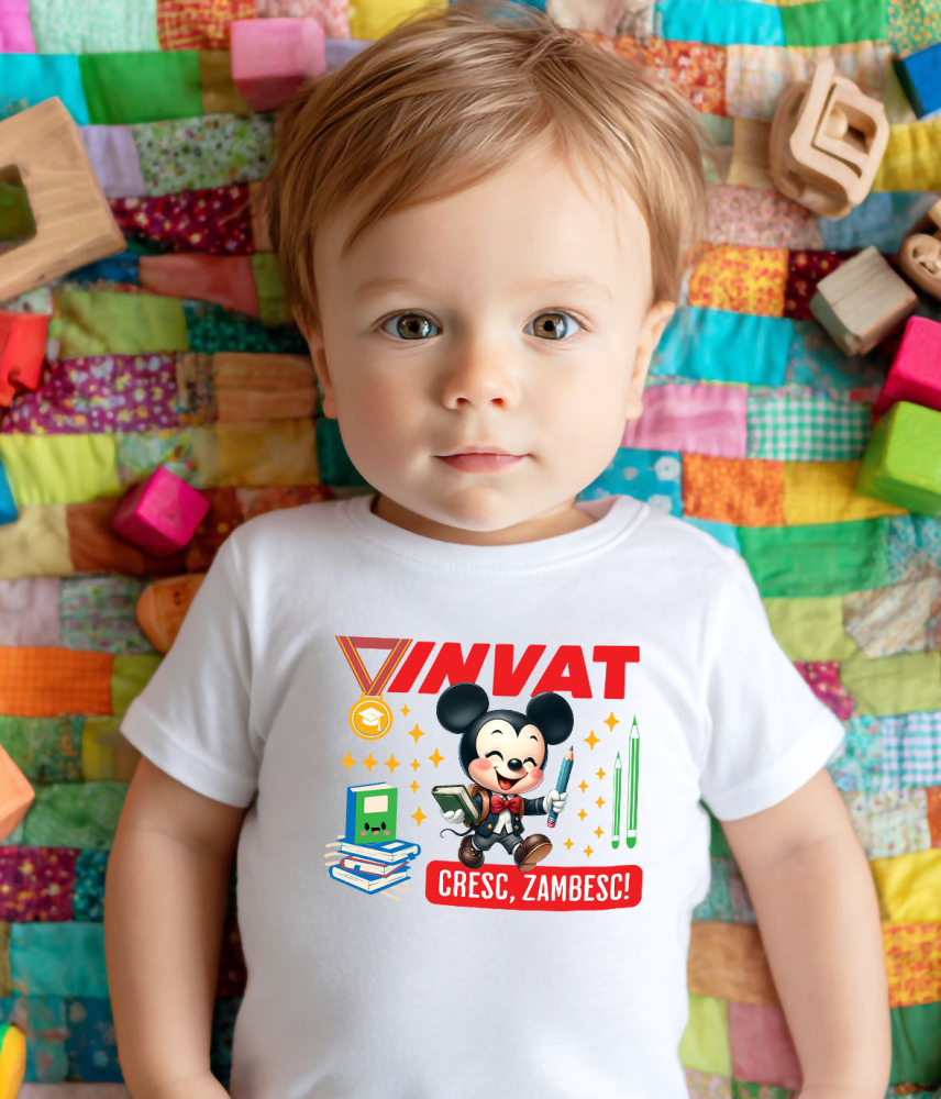 Tricou Copii cu Mickey Mouse – Invatam, Zambim, Crestem 100% Bumbac, Alb, 8 Ani [3]