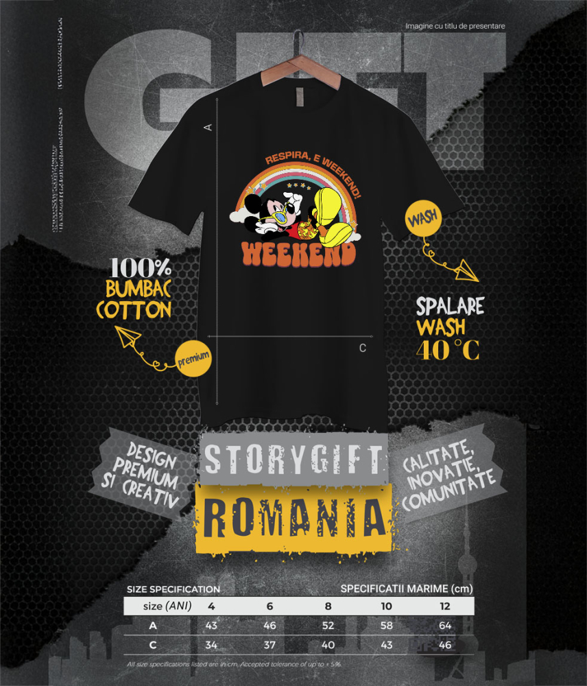 Tricou Copii cu Mickey Mouse si Curcubeu Vibrant pe Spate 100% Bumbac, Negru, 12 Ani [6]