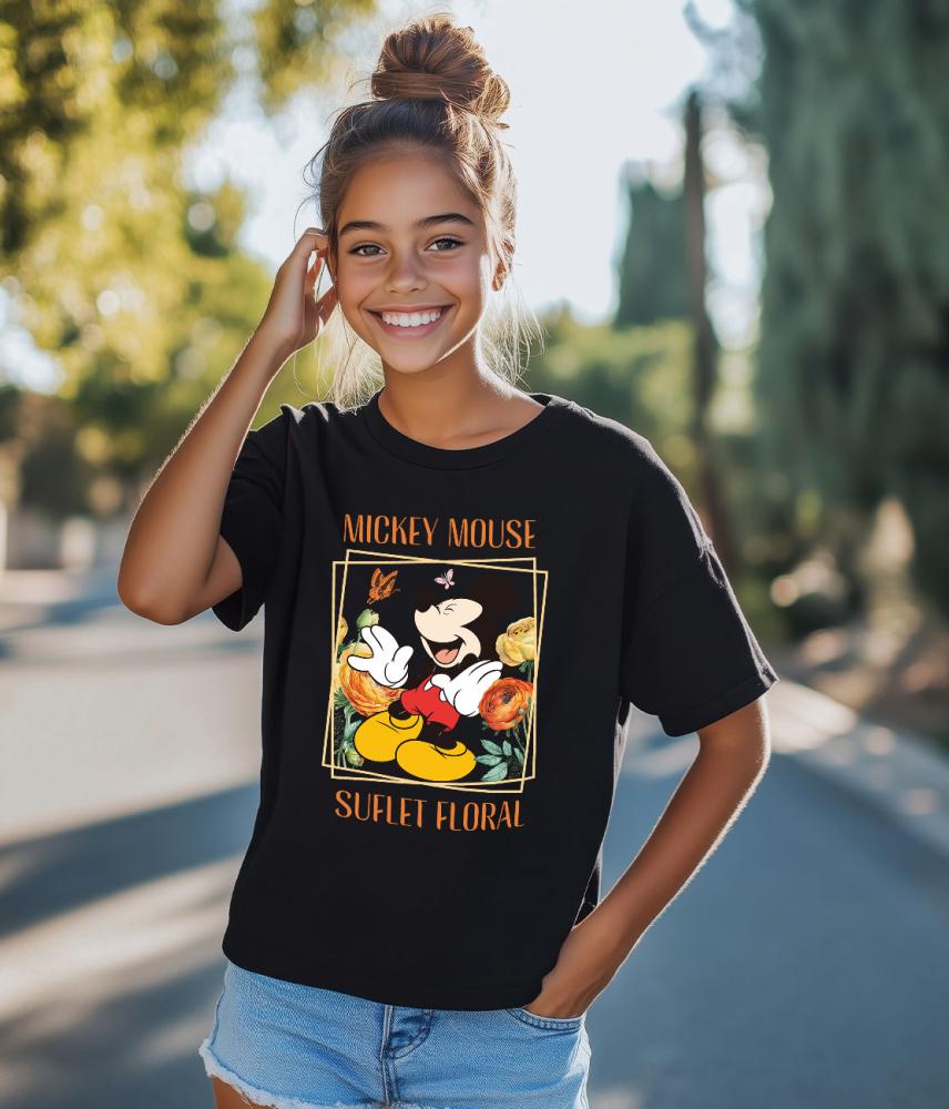 Tricou Copii cu Mickey Mouse si Magia Florilor 100% Bumbac, Negru, 10 Ani [4]
