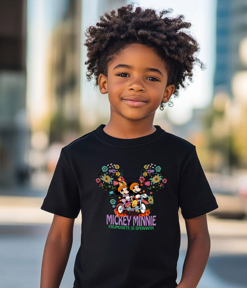Tricou Copii cu Mickey Mouse si Minnie mergand Veseli pe Scuter 100% Bumbac, Negru, 12 Ani [4]