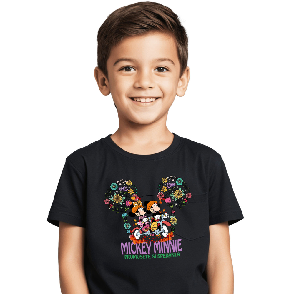 Tricou Copii cu Mickey Mouse si Minnie mergand Veseli pe Scuter 100% Bumbac, Negru, 12 Ani [2]