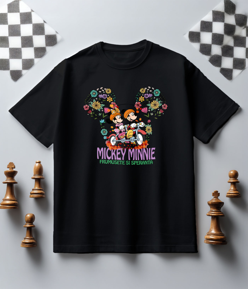 Tricou Copii cu Mickey Mouse si Minnie mergand Veseli pe Scuter 100% Bumbac, Negru, 12 Ani [5]