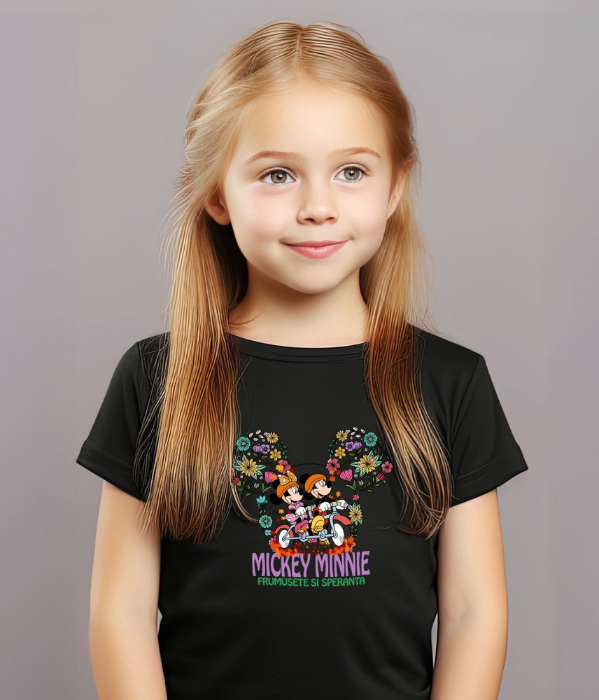 Tricou Copii cu Mickey Mouse si Minnie mergand Veseli pe Scuter 100% Bumbac, Negru, 12 Ani [3]