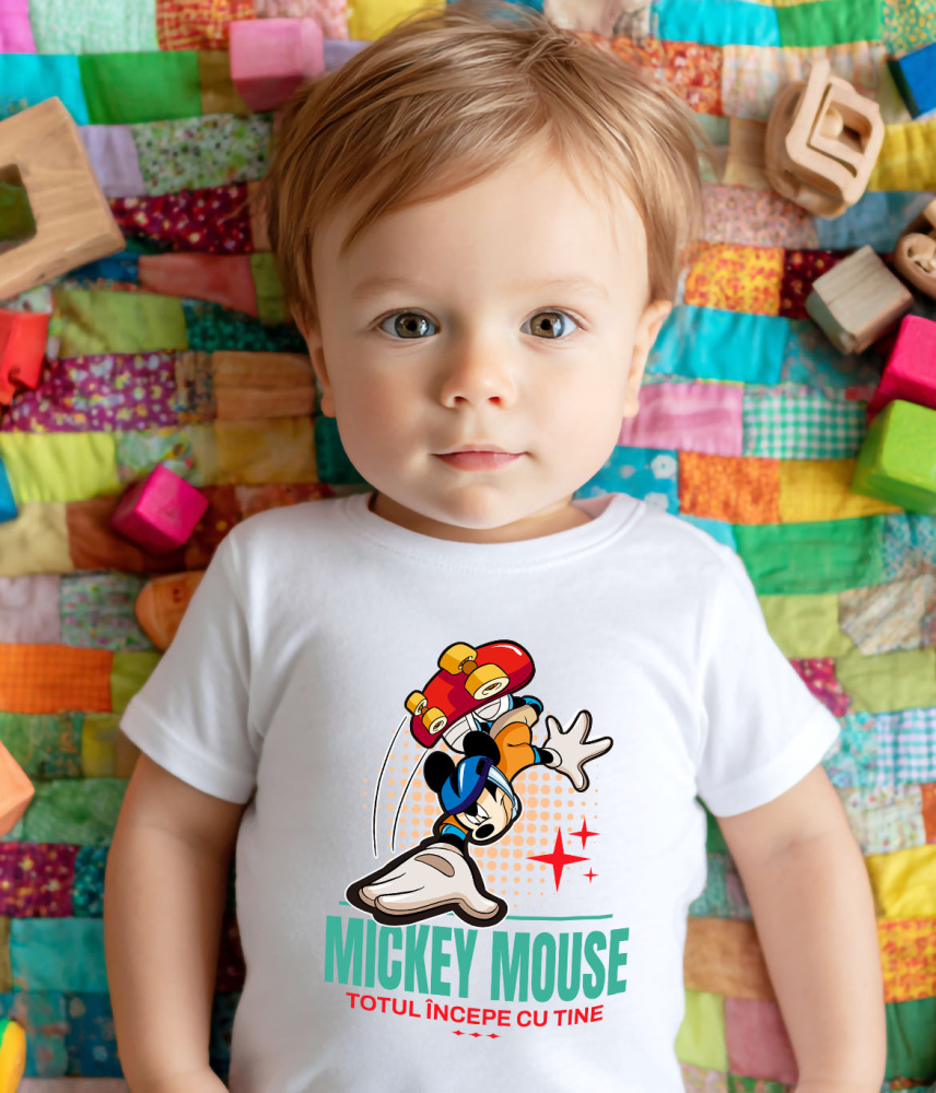 Tricou Copii cu Mickey pe skateboard in actiune 100% Bumbac, Alb, 10 Ani [3]