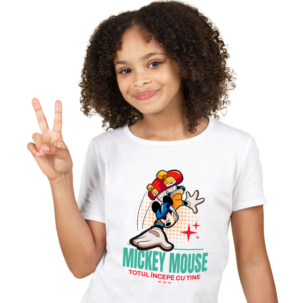 Tricou Copii cu Mickey pe skateboard in actiune 100% Bumbac, Alb, 10 Ani [2]