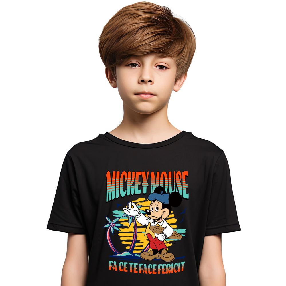 Tricou Copii cu Mickey si Plaja cu Palmieri 100% Bumbac, Negru, 12 Ani [2]