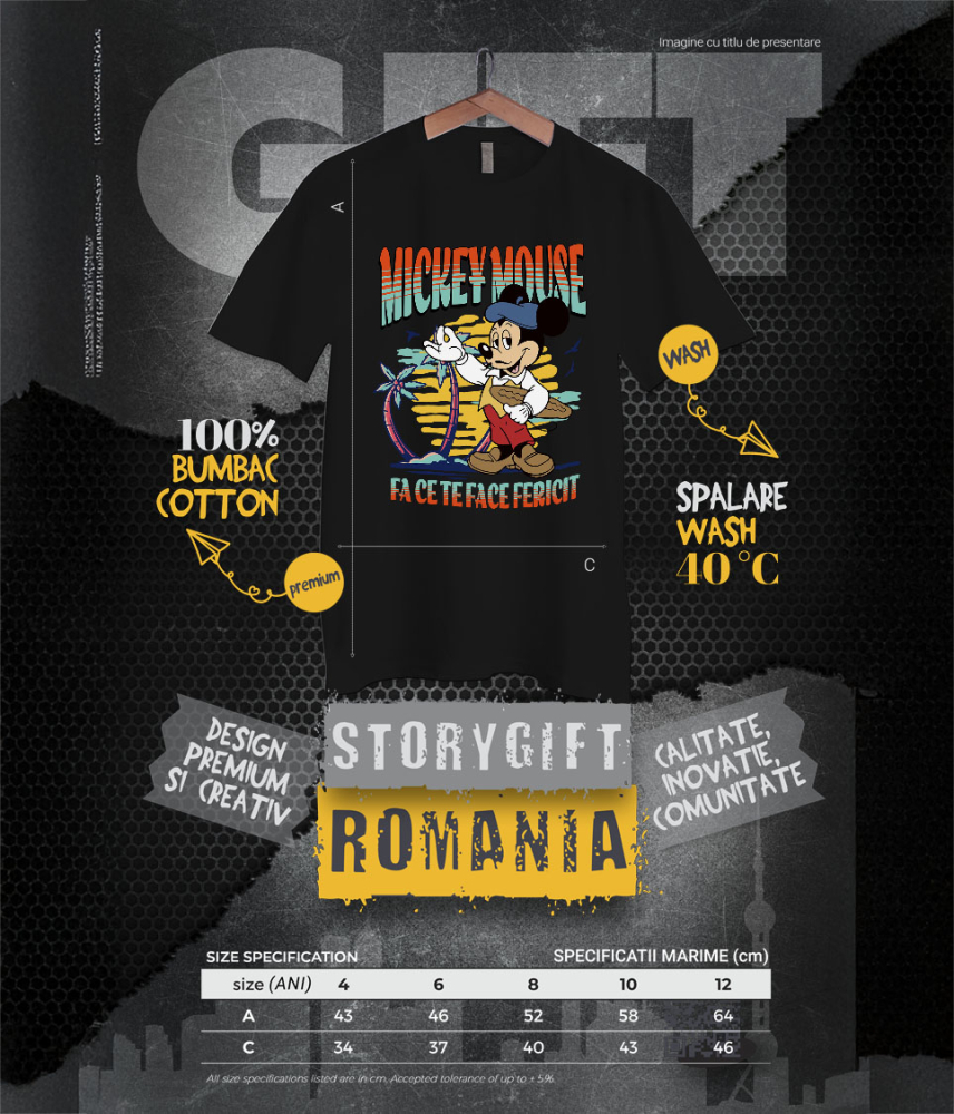 Tricou Copii cu Mickey si Plaja cu Palmieri 100% Bumbac, Negru, 12 Ani [6]
