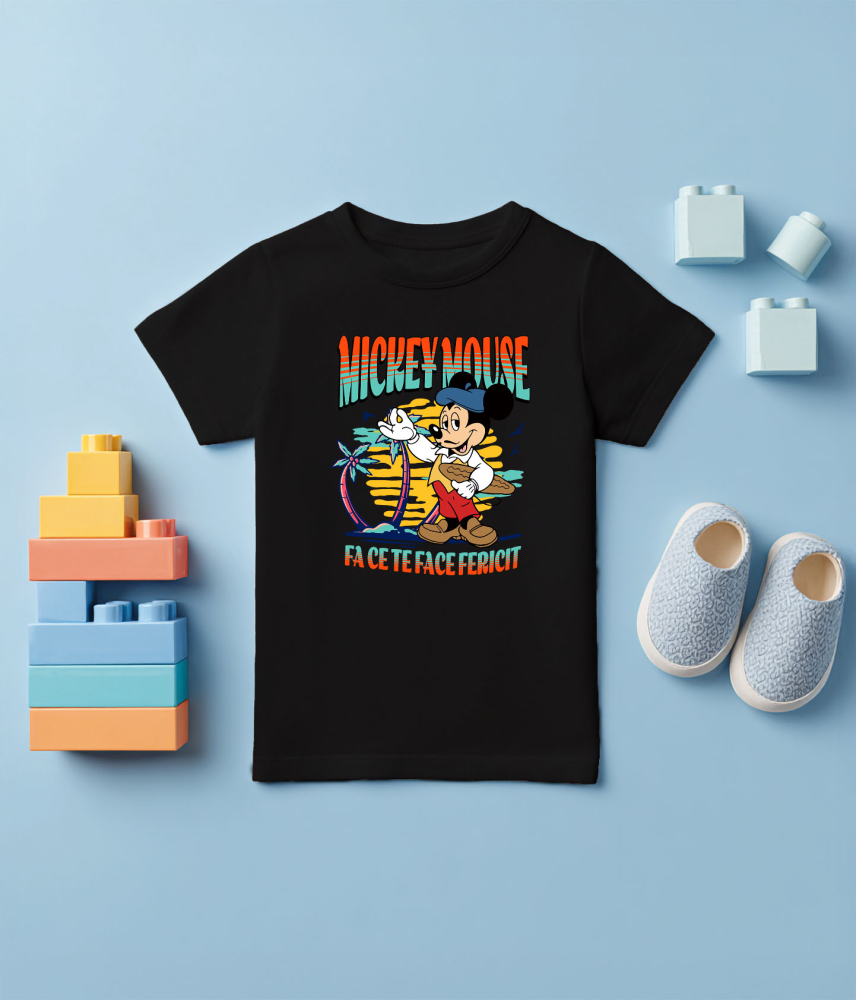 Tricou Copii cu Mickey si Plaja cu Palmieri 100% Bumbac, Negru, 12 Ani [5]