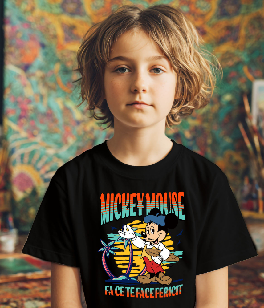 Tricou Copii cu Mickey si Plaja cu Palmieri 100% Bumbac, Negru, 12 Ani [4]