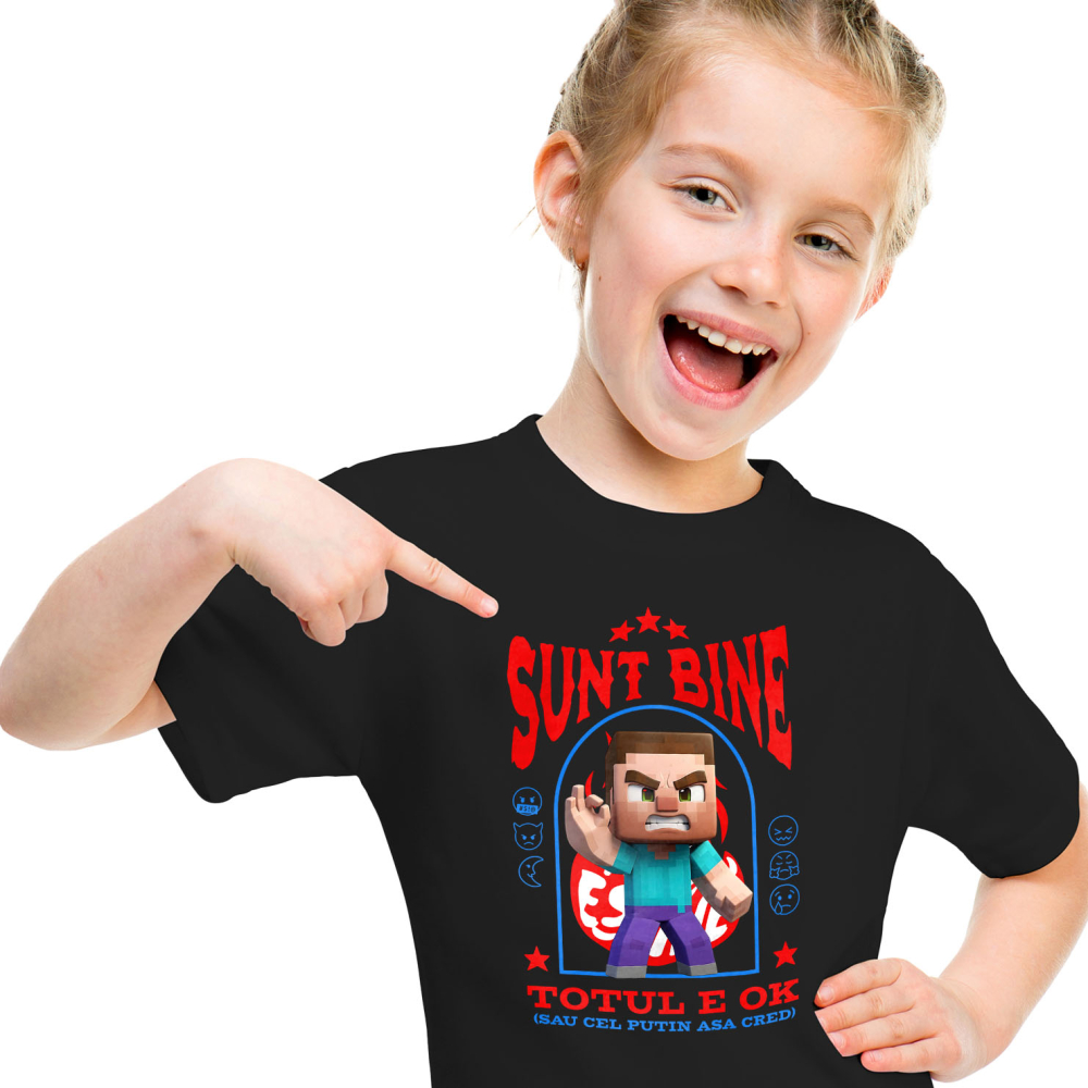 Tricou Copii cu Minecraft, Ok, Sarcastic, Nervos, Iritat 100% Bumbac, Negru, 8 Ani [2]