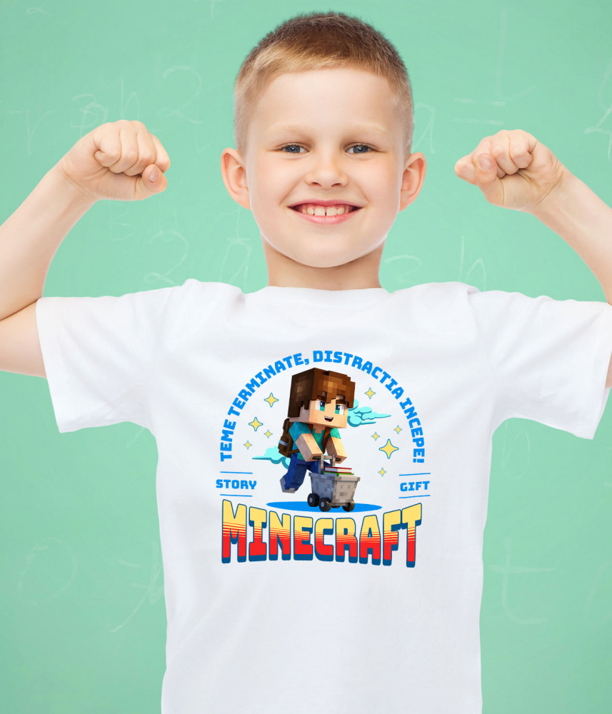 Tricou Copii cu Minecraft: Skateboard Si Distractie Cu Prietenii 100% Bumbac, Alb, 8 Ani [3]