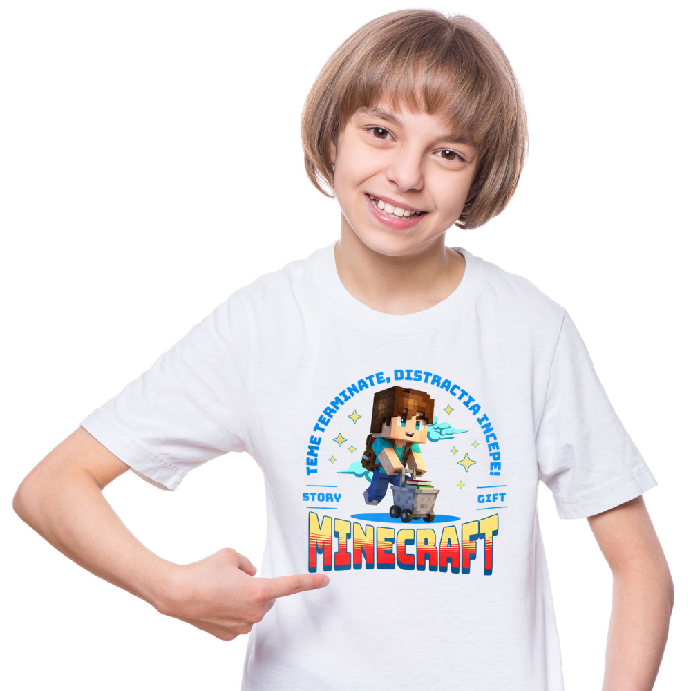Tricou Copii cu Minecraft: Skateboard Si Distractie Cu Prietenii 100% Bumbac, Alb, 8 Ani [2]