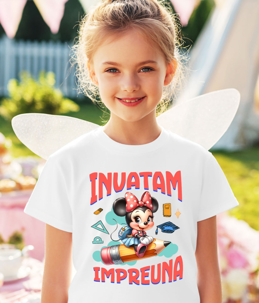 Tricou Copii cu Minnie Mouse – Invatatura Cu Stil, Impreuna Cu Prietenii 100% Bumbac, Alb, 6 Ani [3]