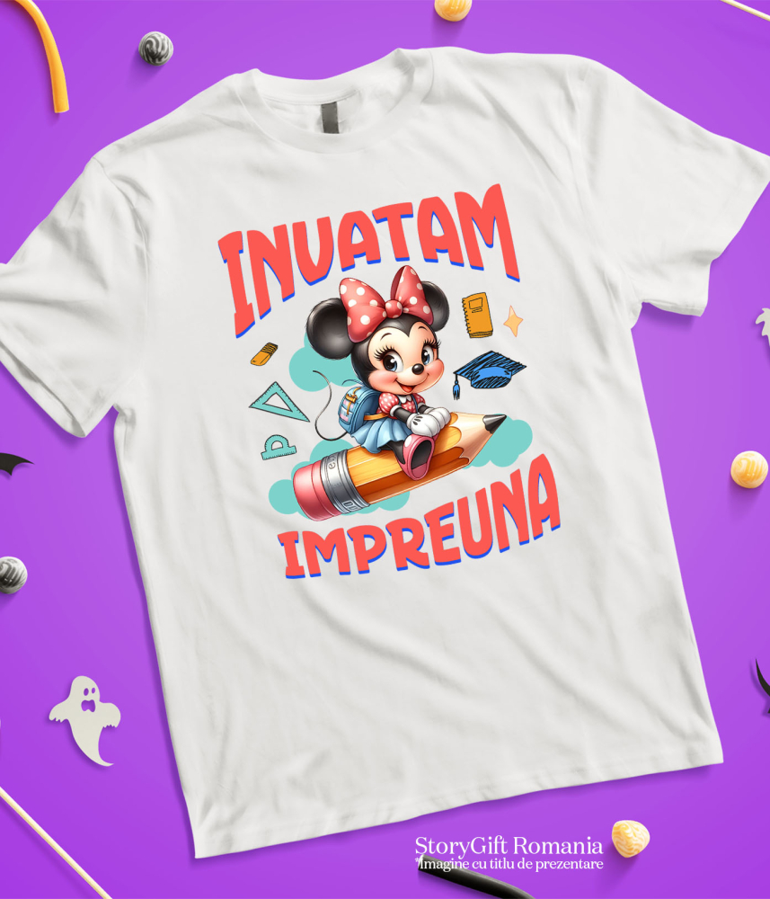 Tricou Copii cu Minnie Mouse – Invatatura Cu Stil, Impreuna Cu Prietenii 100% Bumbac, Alb, 6 Ani [5]