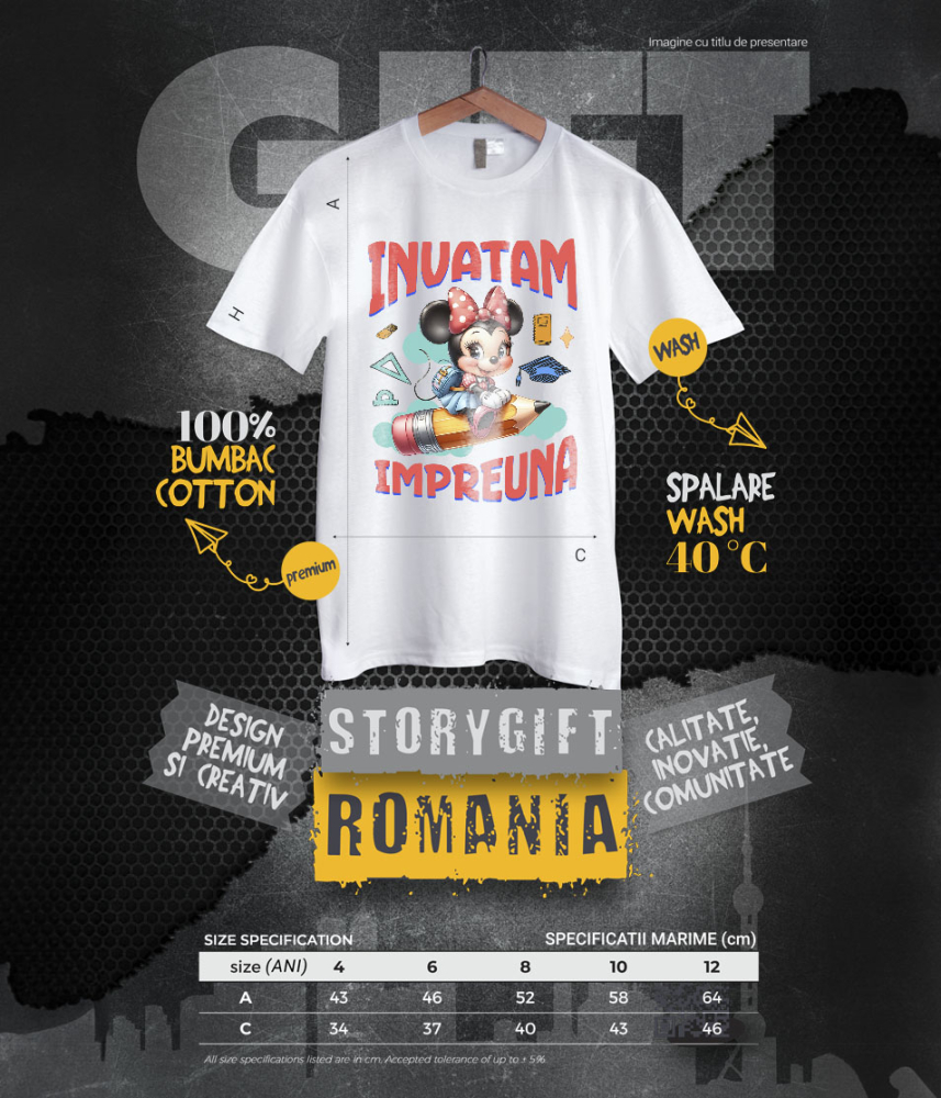 Tricou Copii cu Minnie Mouse – Invatatura Cu Stil, Impreuna Cu Prietenii 100% Bumbac, Alb, 6 Ani [6]