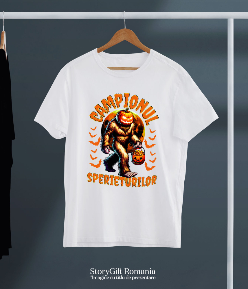 Tricou Femei, Barbati, Copii, Fata, Baiat, Unisex Personalizat Monstru cu Păr și Cap de Dovleac | „Campionul Sperieturilor” | Cadou Personalizat Halloween [5]