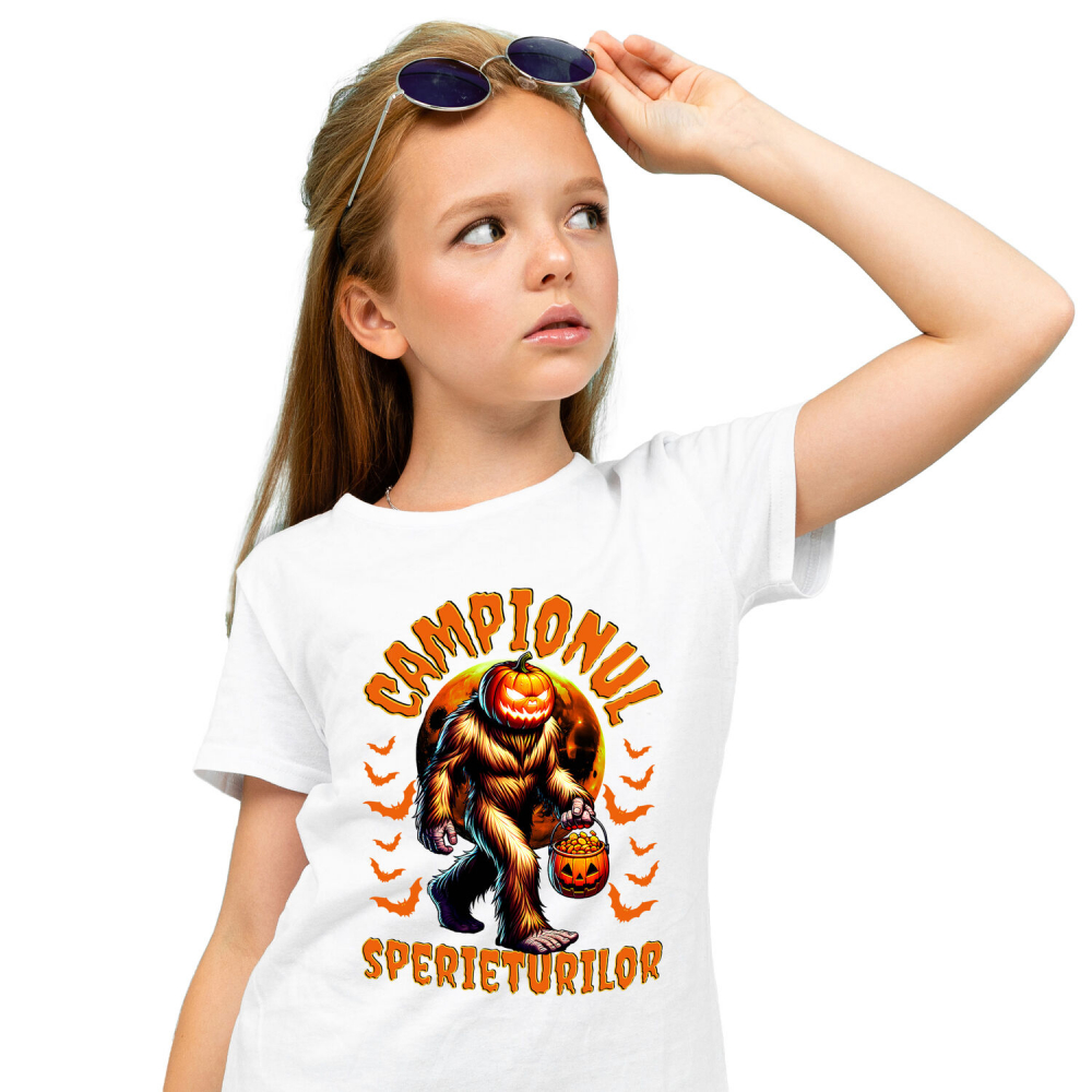 Tricou Femei, Barbati, Copii, Fata, Baiat, Unisex Personalizat Monstru cu Păr și Cap de Dovleac | „Campionul Sperieturilor” | Cadou Personalizat Halloween [2]