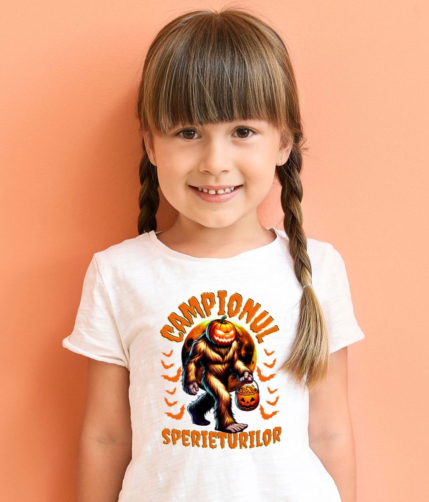 Tricou Femei, Barbati, Copii, Fata, Baiat, Unisex Personalizat Monstru cu Păr și Cap de Dovleac | „Campionul Sperieturilor” | Cadou Personalizat Halloween [4]