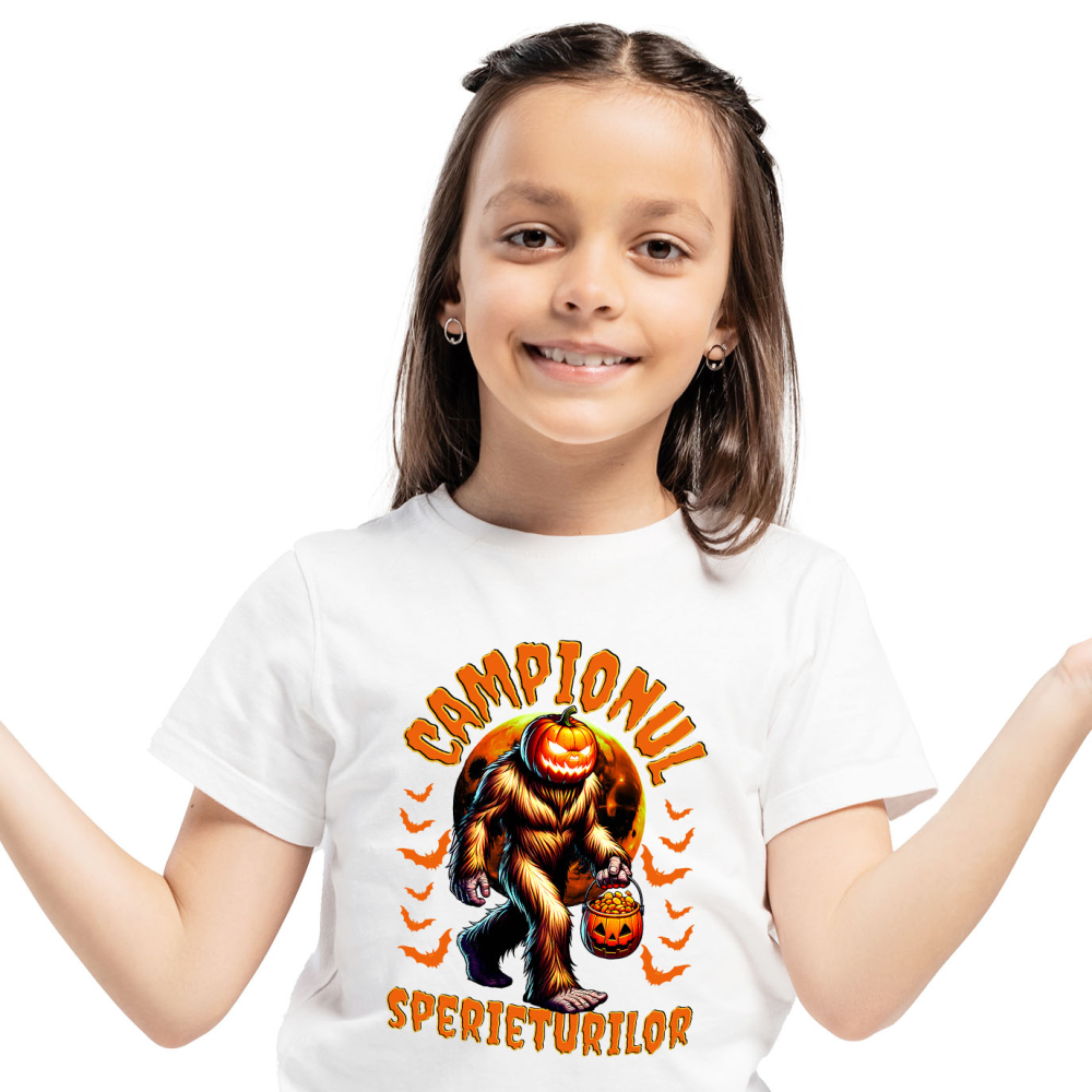 Tricou Femei, Barbati, Copii, Fata, Baiat, Unisex Personalizat Monstru cu Păr și Cap de Dovleac | „Campionul Sperieturilor” | Cadou Personalizat Halloween [2]