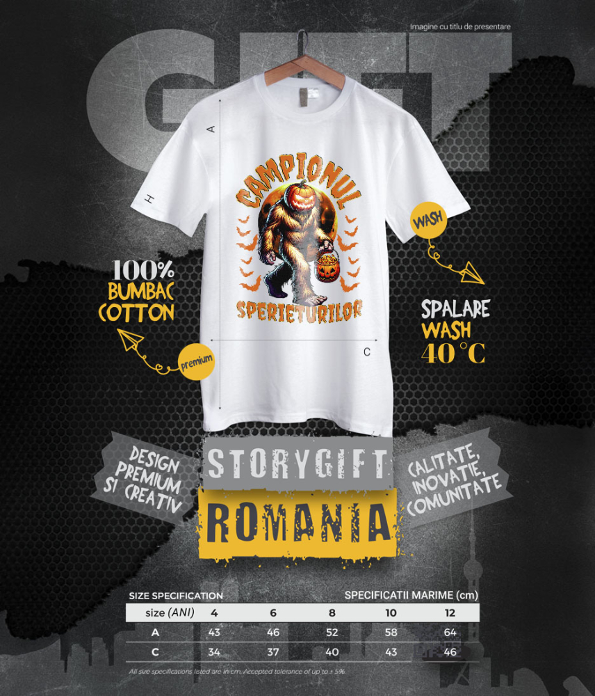 Tricou Femei, Barbati, Copii, Fata, Baiat, Unisex Personalizat Monstru cu Păr și Cap de Dovleac | „Campionul Sperieturilor” | Cadou Personalizat Halloween [6]