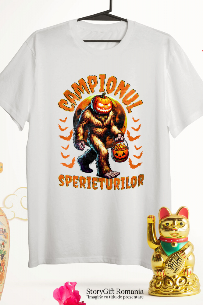 Tricou Femei, Barbati, Copii, Fata, Baiat, Unisex Personalizat Monstru cu Păr și Cap de Dovleac | „Campionul Sperieturilor” | Cadou Personalizat Halloween [3]