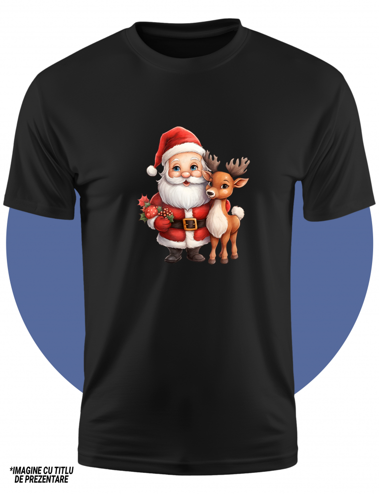 Tricou Copii cu Mos Craciun si un ren, ilustratie, trage sania, aduce cadouri, copiii cuminti primesc daruri, fericire,  100% Bumbac, Unisex, Negru, 6 Ani, 46CM [2]