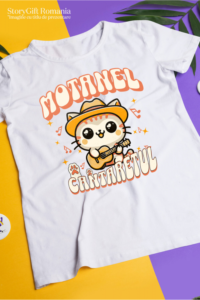 Tricou Femei, Barbati, Copii, Fata, Baiat, Unisex Personalizat Motan Cu Pălărie Mexicană și Chitară – Cadou Personalizat Motănel Cântărețul pentru Copii și Familie [3]