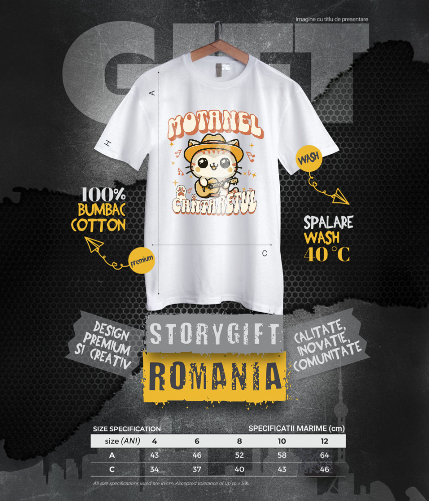 Tricou Femei, Barbati, Copii, Fata, Baiat, Unisex Personalizat Motan Cu Pălărie Mexicană și Chitară – Cadou Personalizat Motănel Cântărețul pentru Copii și Familie [6]