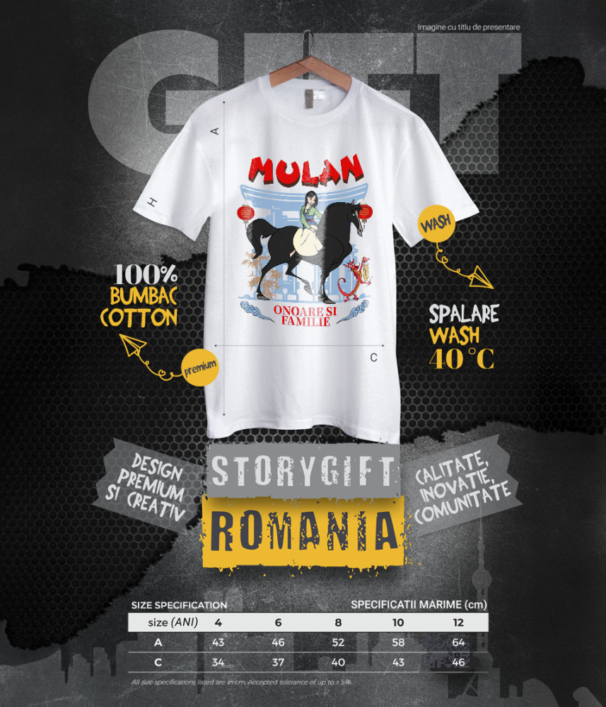 Tricou Copii cu Mulan si calul ei - Aventuri pe drumuri de lupta 100% Bumbac, Alb, 12 Ani [6]