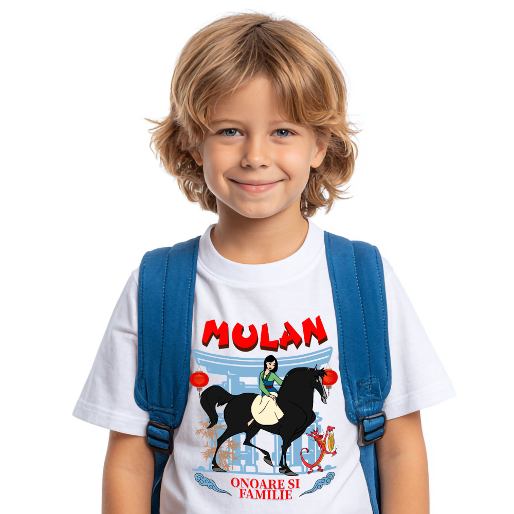 Tricou Copii cu Mulan si calul ei - Aventuri pe drumuri de lupta 100% Bumbac, Alb, 12 Ani [2]