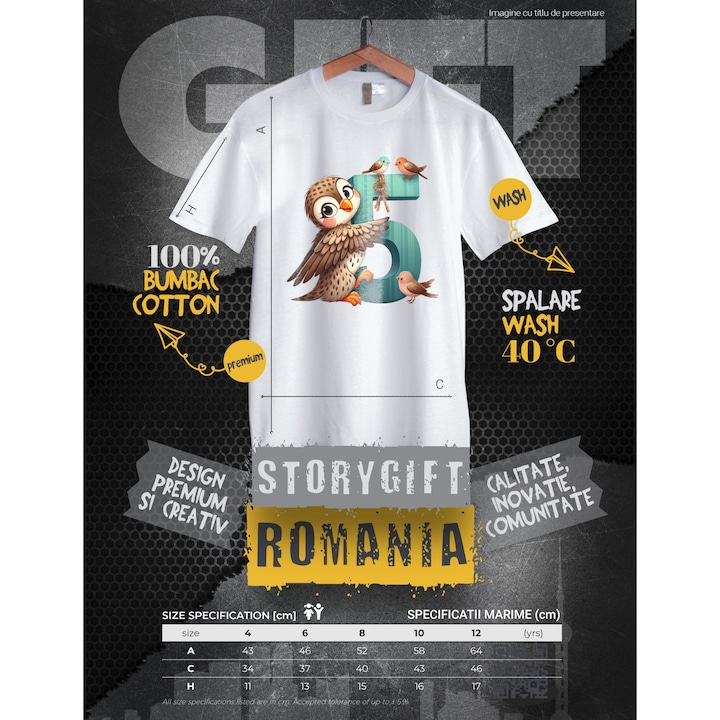 Tricou Copii cu o bufnita cu cifra 5, ilustratie, pentru copii, scoala, elev, pasarele, invata 100% Bumbac, Unisex, Alb, 4 Ani, 43CM [3]