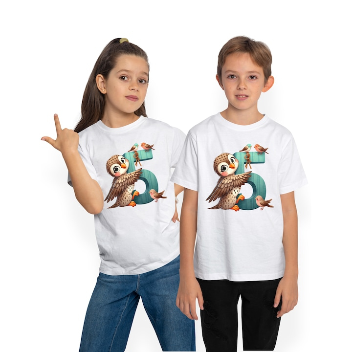 Tricou Copii cu o bufnita cu cifra 5, ilustratie, pentru copii, scoala, elev, pasarele, invata 100% Bumbac, Unisex, Alb, 4 Ani, 43CM [1]