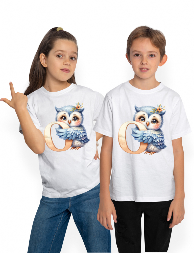 Tricou Copii cu o bufnita cu litera "O", ilustratie, pentru copii, scoala, elev, abecedar, alfabet, scrie  100% Bumbac, Unisex, Alb, 10 Ani, 58CM [1]