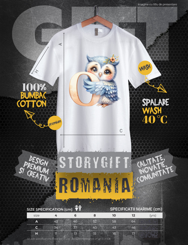 Tricou Copii cu o bufnita cu litera "O", ilustratie, pentru copii, scoala, elev, abecedar, alfabet, scrie  100% Bumbac, Unisex, Alb, 10 Ani, 58CM [2]