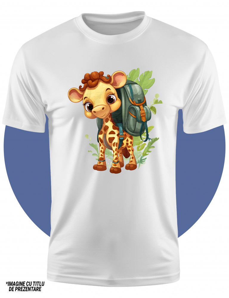 Tricou Copii cu o girafa exploratoare, ilustratie, natura, ghiozdan, echipata, frunze, pentru iubitorii de animale, jungla,  100% Bumbac, Unisex, Alb, 10 Ani, 58CM [2]