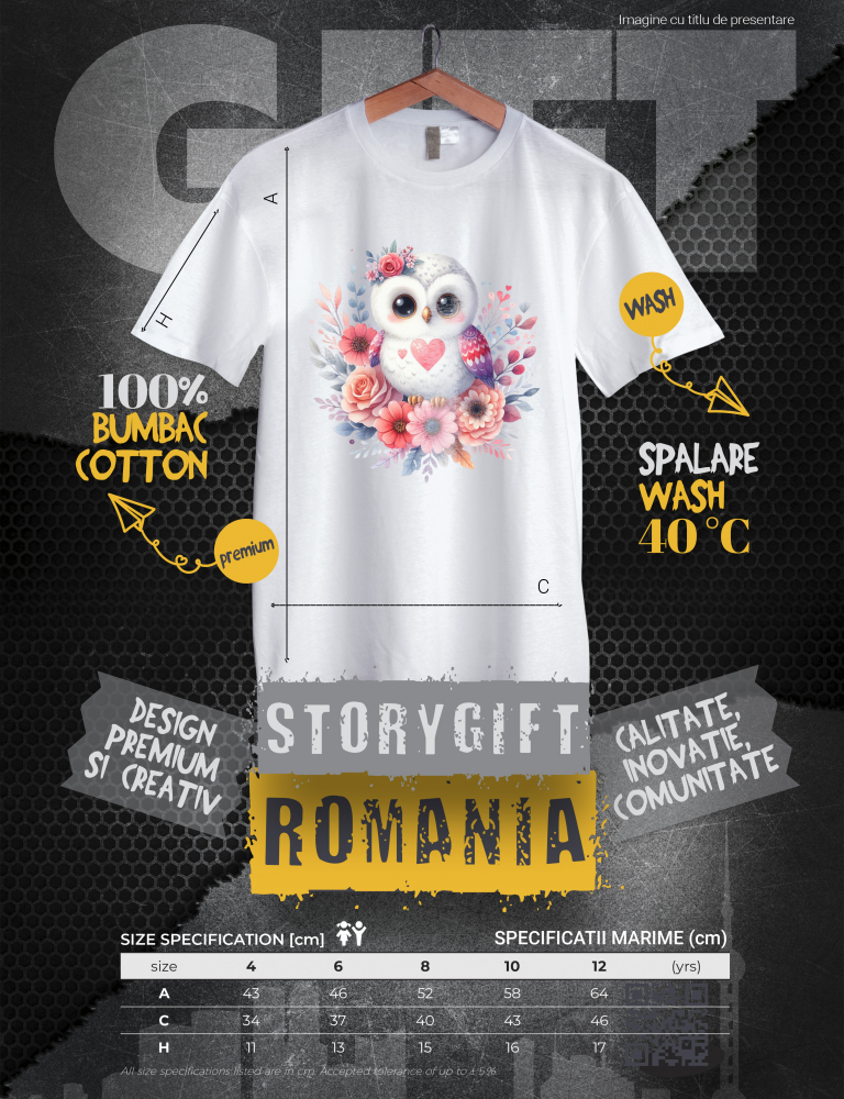 Tricou Copii cu o micuta bufnita imbujorata, ilustratie, flori, trandafiri, plante, inima, iubire, apreciere  100% Bumbac, Unisex, Alb, 6 Ani, 46CM [3]