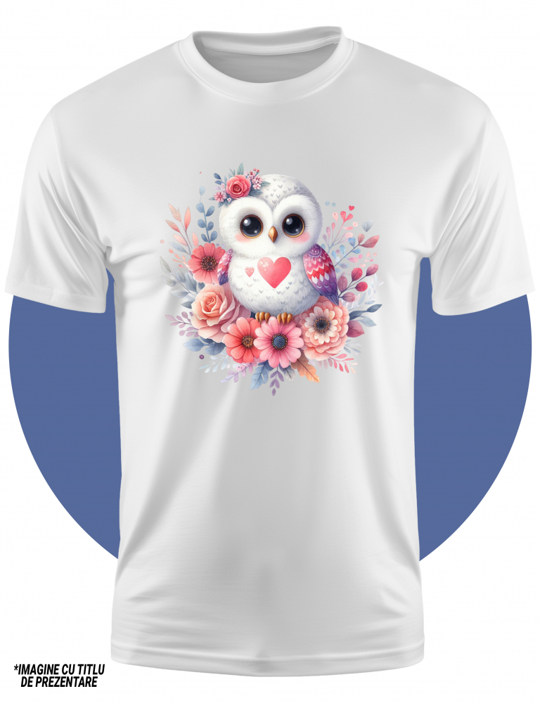 Tricou Copii cu o micuta bufnita imbujorata, ilustratie, flori, trandafiri, plante, inima, iubire, apreciere  100% Bumbac, Unisex, Alb, 6 Ani, 46CM [2]