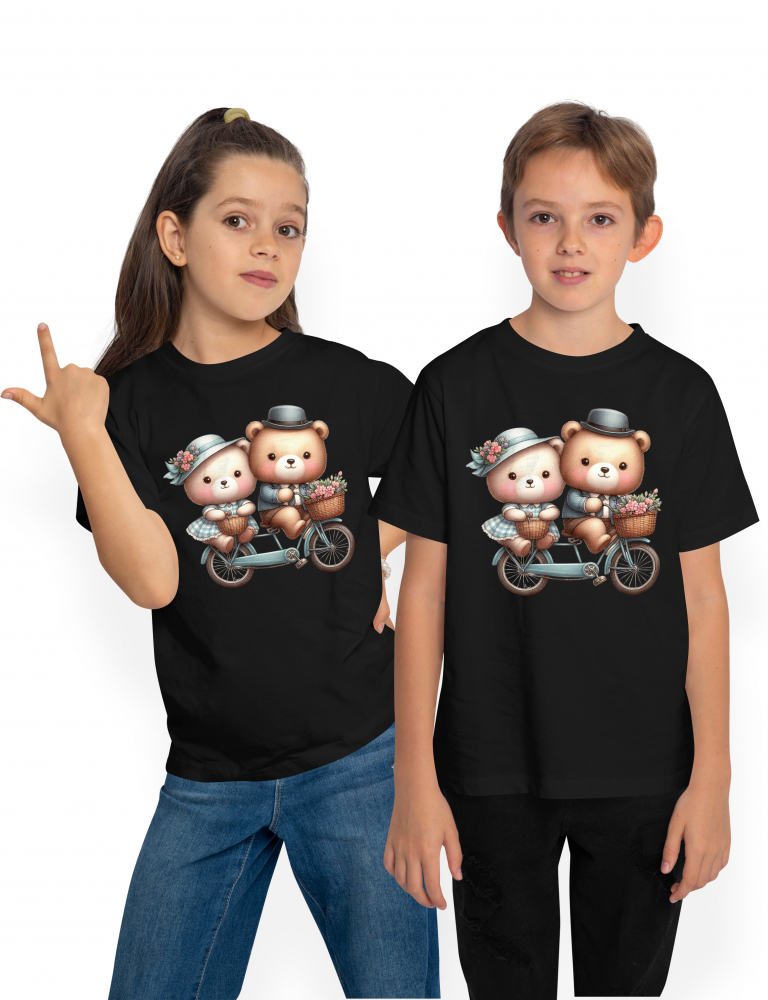 Tricou Copii cu o ursoaica si un urs care se plimba cu bicicleta, ilustratie, floricele, iubire, afectiune, Valentine's Day, cosulet, calatorie,  100% Bumbac, Unisex, Negru, 8 Ani, 52CM [1]