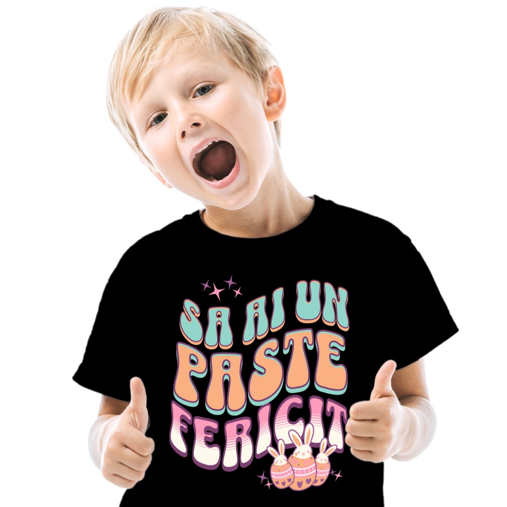 Tricou Femei, Barbati, Copii, Fata, Baiat, Unisex Personalizat "Ouă Colorate cu Iepuri Albi - Paște Fericit, Cadou de Sărbători" [2]