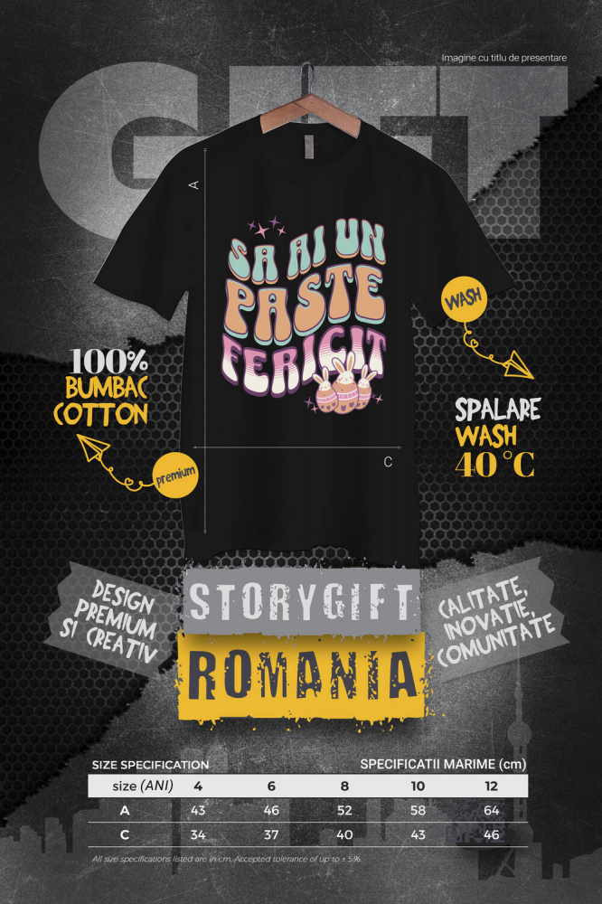 Tricou Femei, Barbati, Copii, Fata, Baiat, Unisex Personalizat "Ouă Colorate cu Iepuri Albi - Paște Fericit, Cadou de Sărbători" [4]