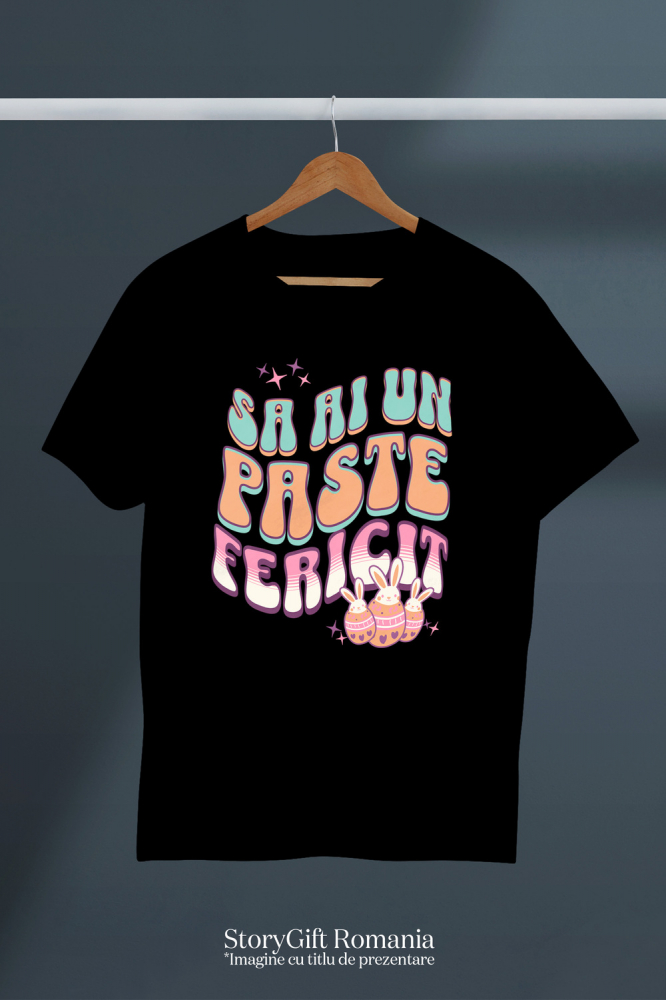 Tricou Femei, Barbati, Copii, Fata, Baiat, Unisex Personalizat "Ouă Colorate cu Iepuri Albi - Paște Fericit, Cadou de Sărbători" [3]