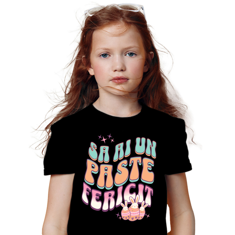 Tricou Femei, Barbati, Copii, Fata, Baiat, Unisex Personalizat "Ouă Colorate cu Iepuri Albi - Paște Fericit, Cadou de Sărbători" [1]