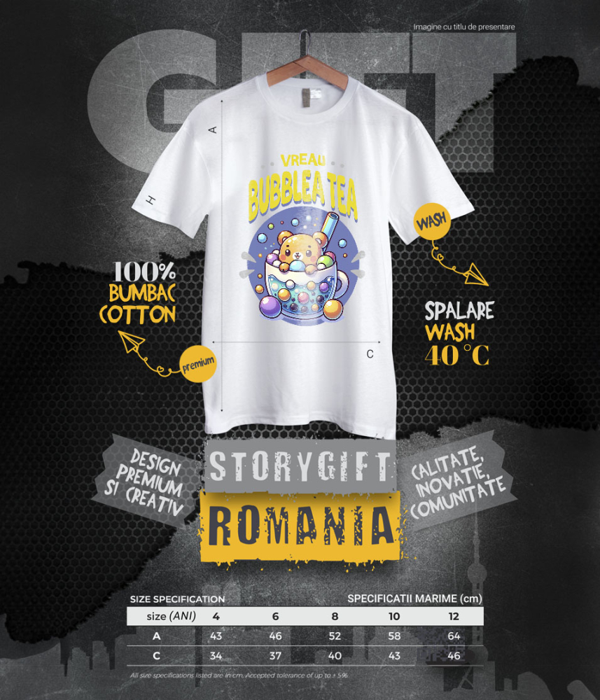 Tricou Femei, Barbati, Copii, Fata, Baiat, Unisex Personalizat „Pahar cu Bule și Ursuleț pentru Ceai Rece - Bubble Tea Cadou Personalizat” [6]