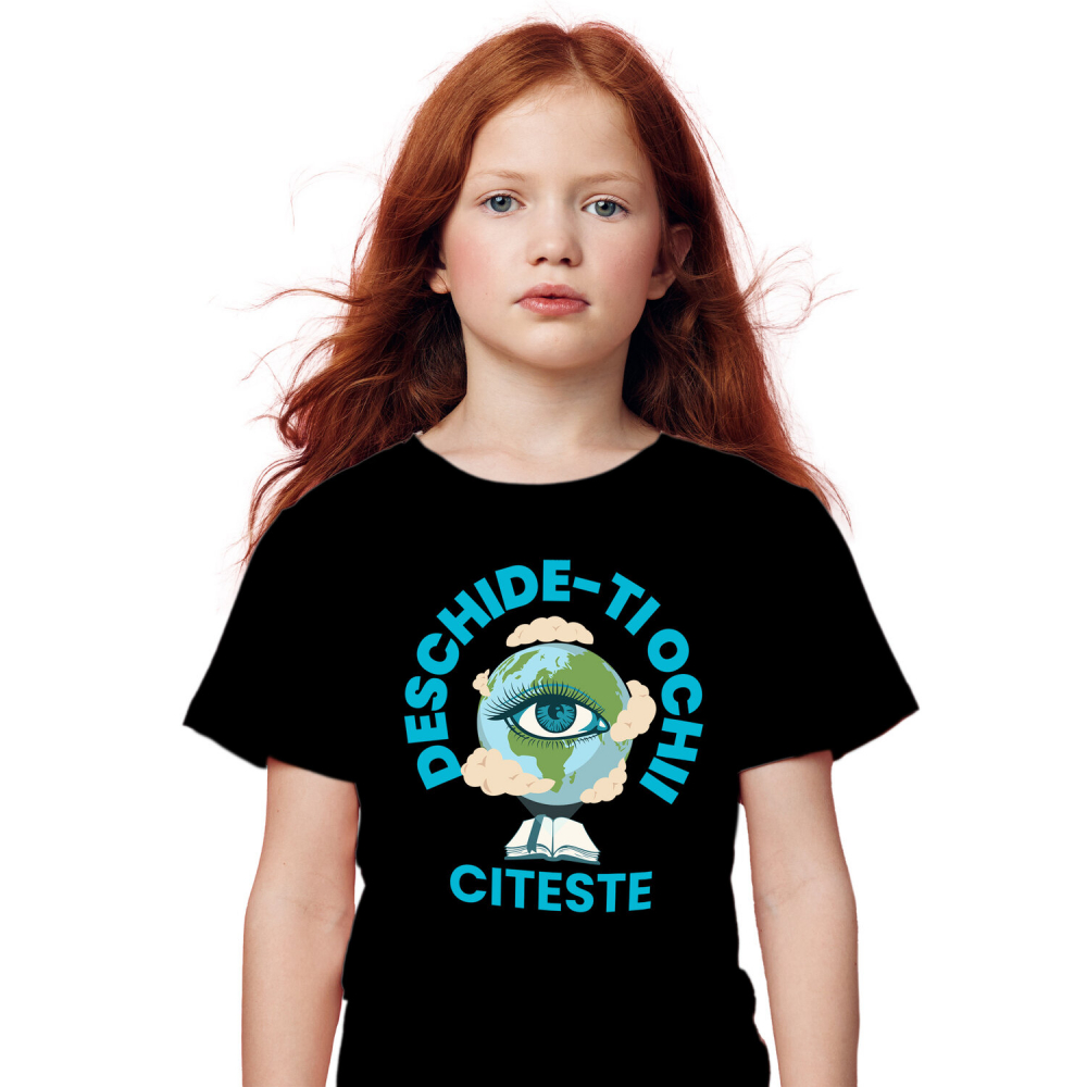 Tricou Femei, Barbati, Copii, Fata, Baiat, Unisex Personalizat "Produse educaționale personalizate – Pământ Tera cu ochi gene lungi și carte deschisă" [2]